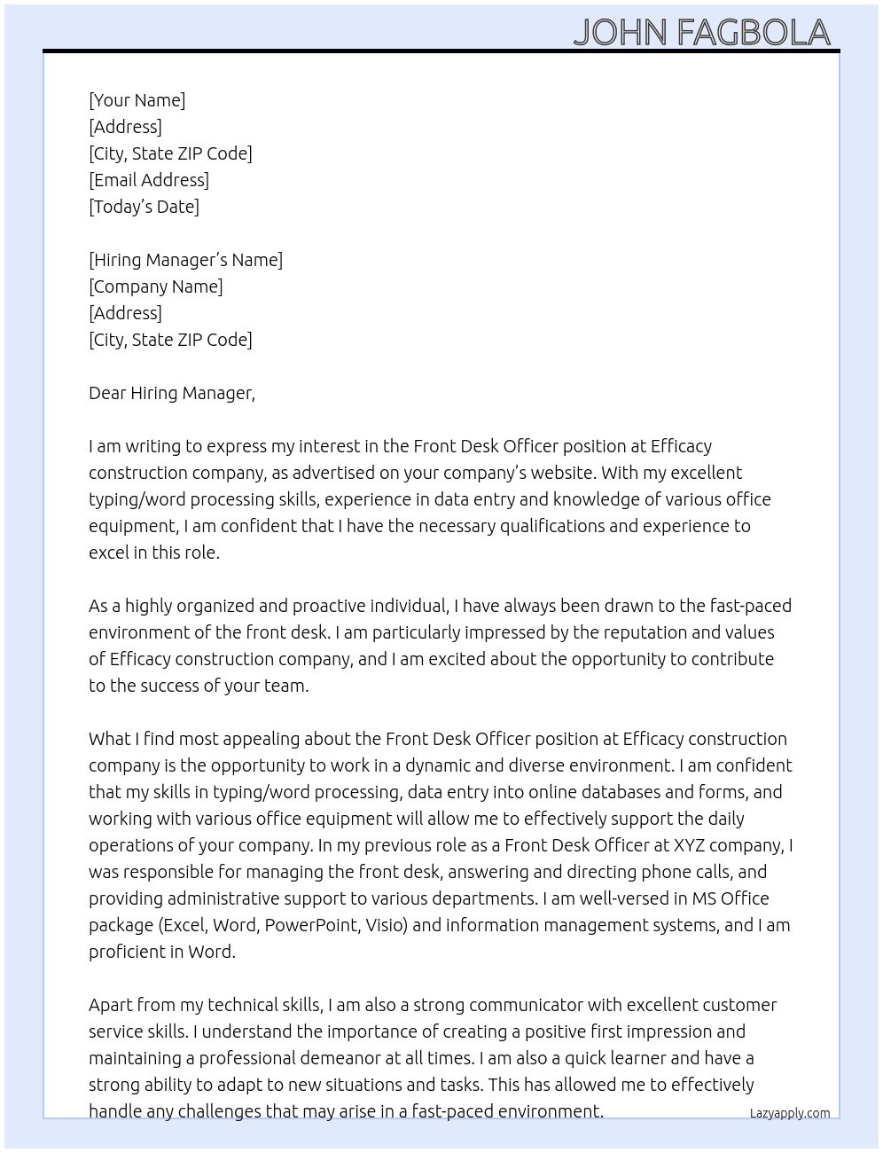 Front Desk Officer  At Efficacy construction company  Cover Letter