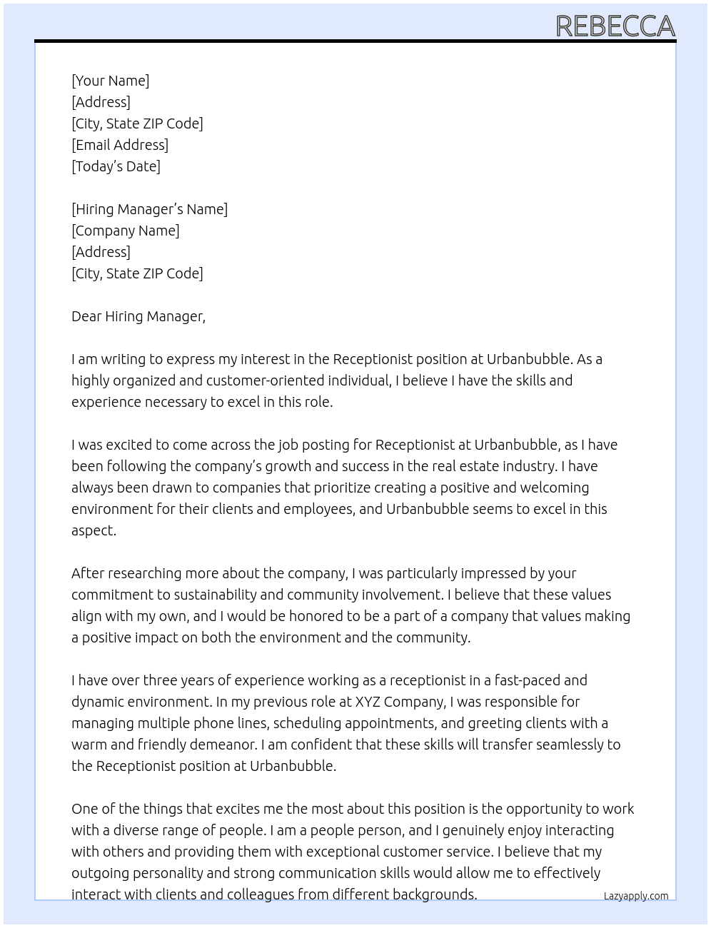 Receptionist At Urbanbubble  Cover Letter