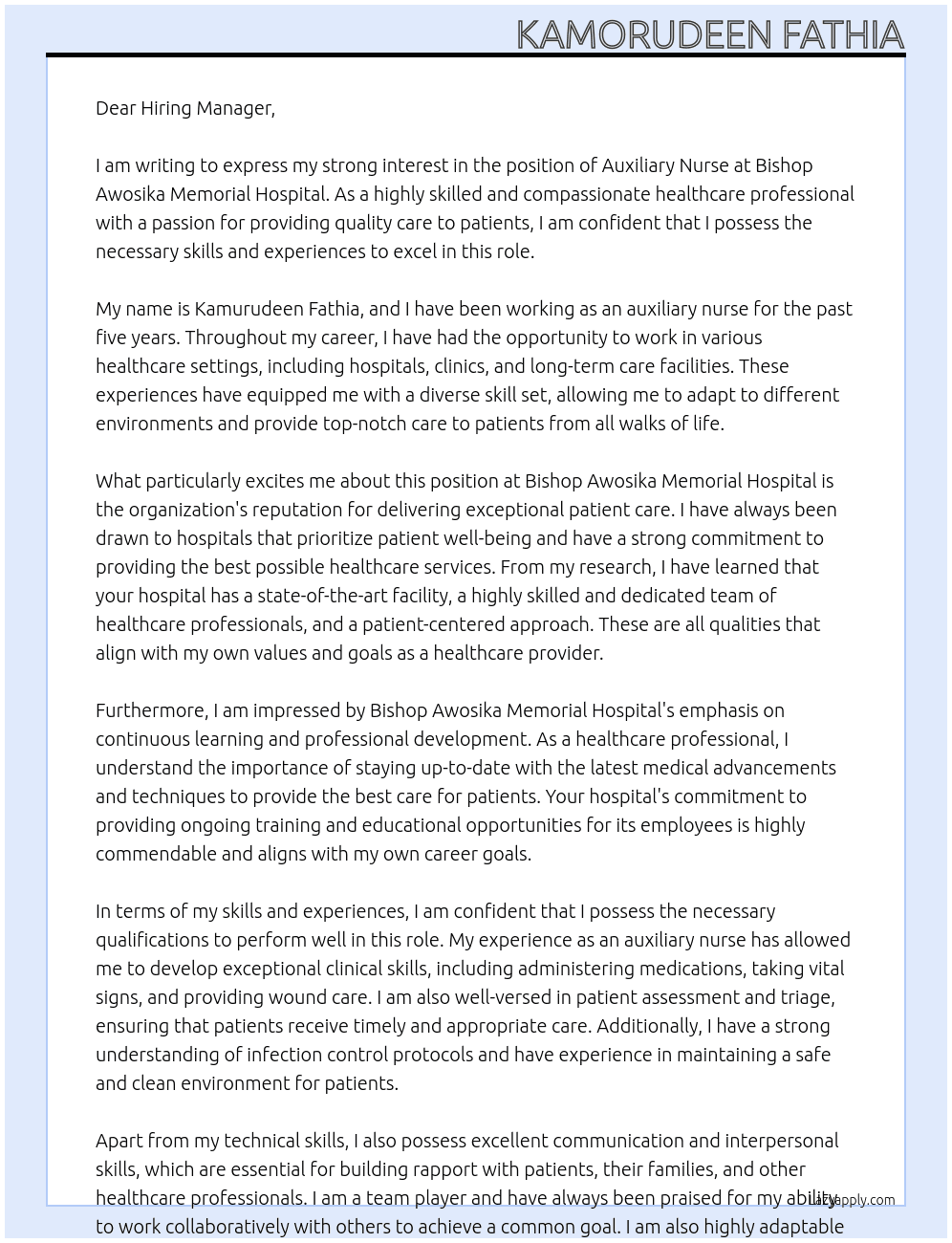 auxiliary nurse At BISHOP AWOSIKA MEMORIAL HOSPITAL Cover Letter