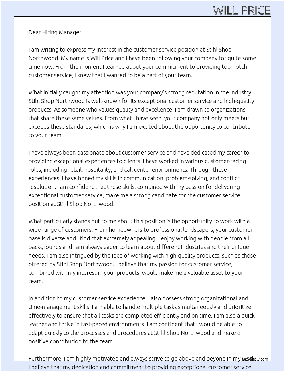 customer service At Stihl Shop Northwood Cover Letter