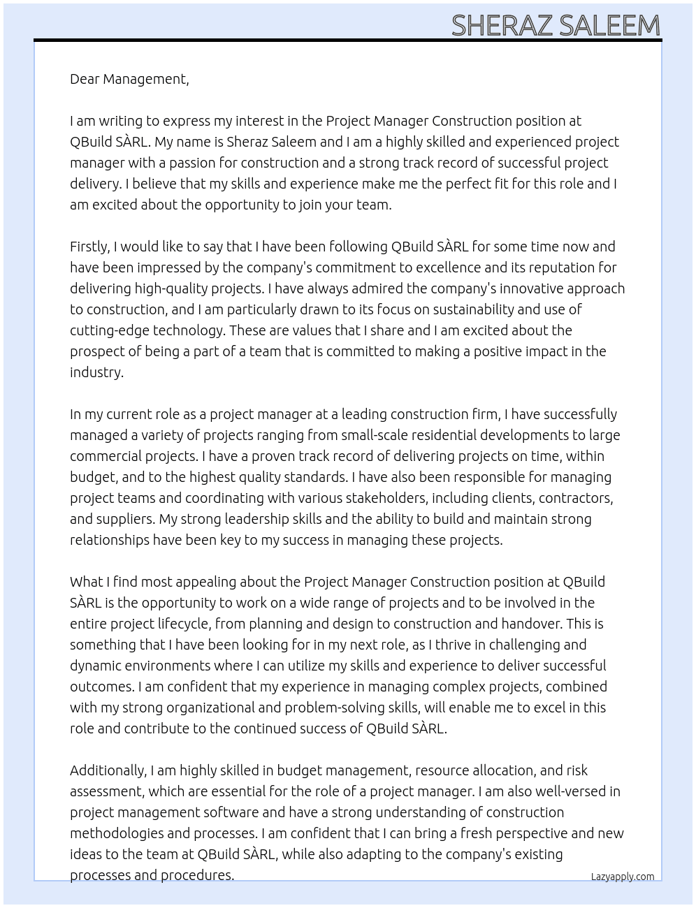 Project manager construction At QBuild SÀRL Cover Letter