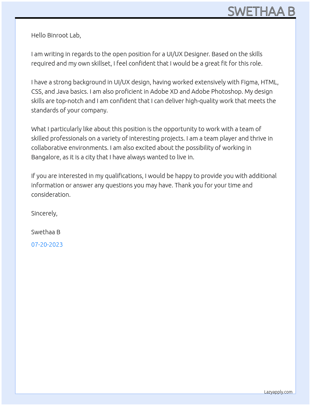 ui/ux designer At Binroot Lab , banglore Cover Letter