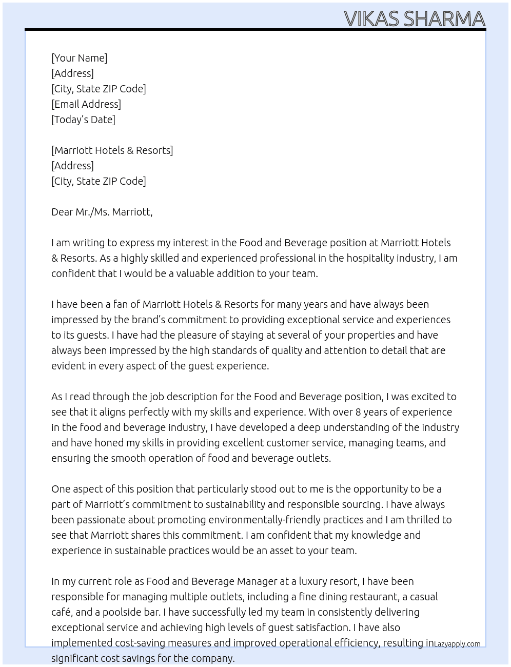 Food and Beverage At Marriott Hotels & Resorts Cover Letter