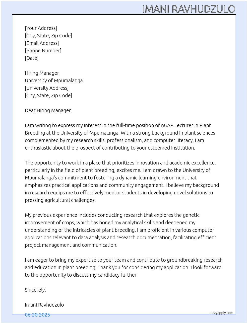 nGAP lecturer plant breeding At University of Mpumalanga Cover Letter