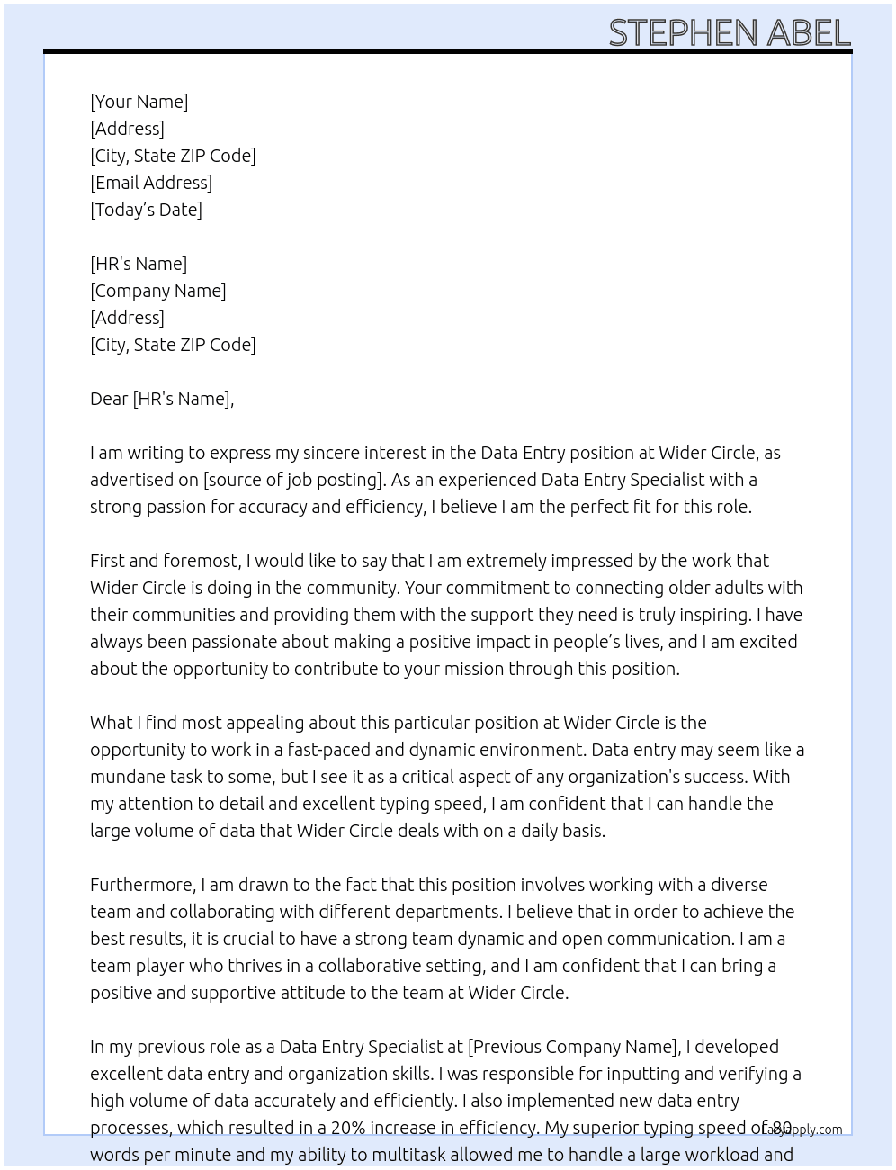 Data Entry At Wider Circle Cover Letter