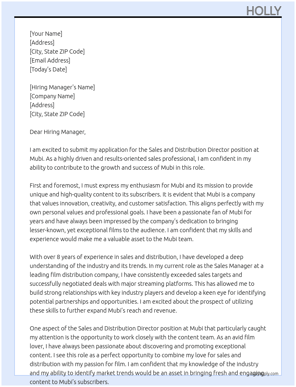 Sales and Distribution Director At Mubi Cover Letter