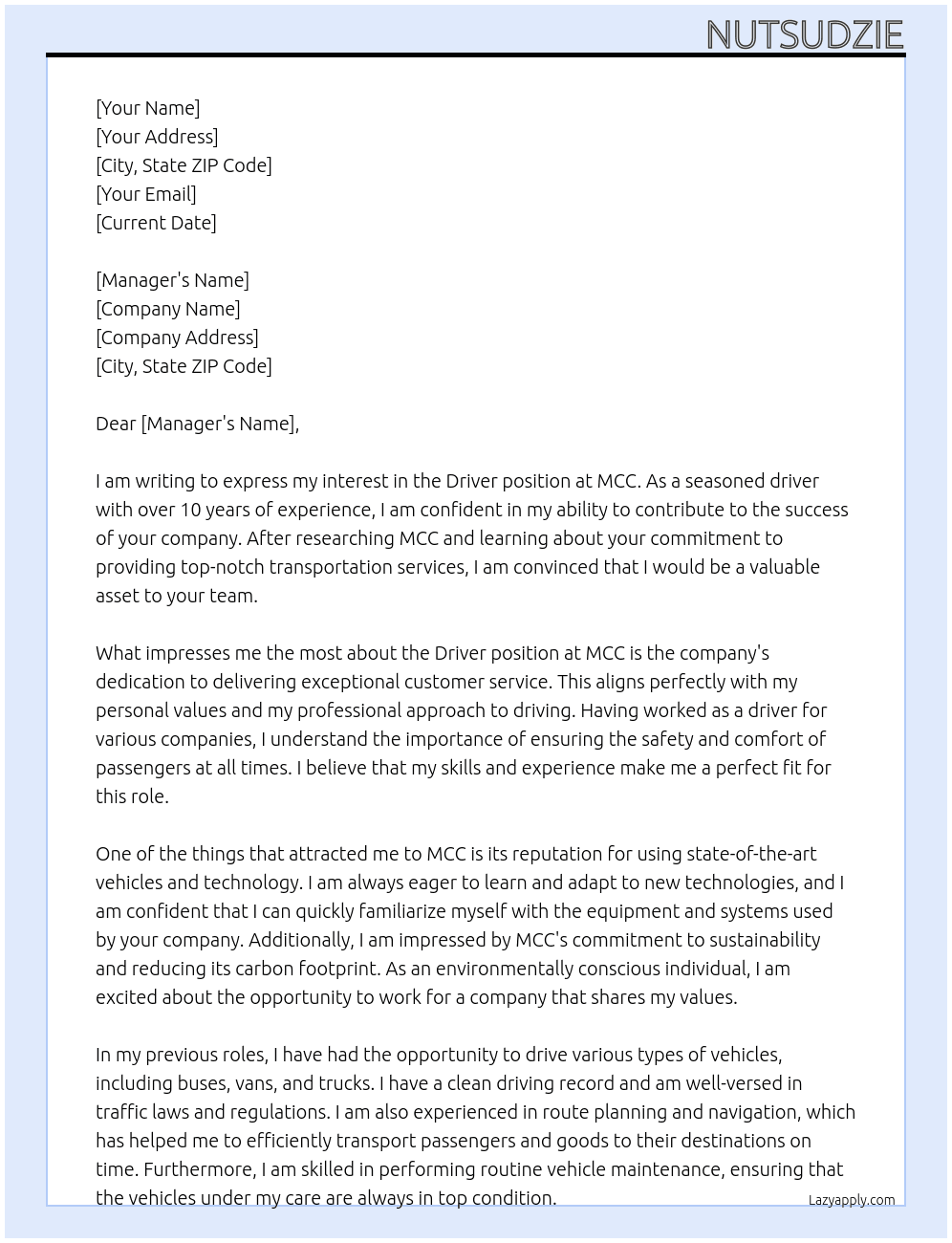 driver At MCC Cover Letter