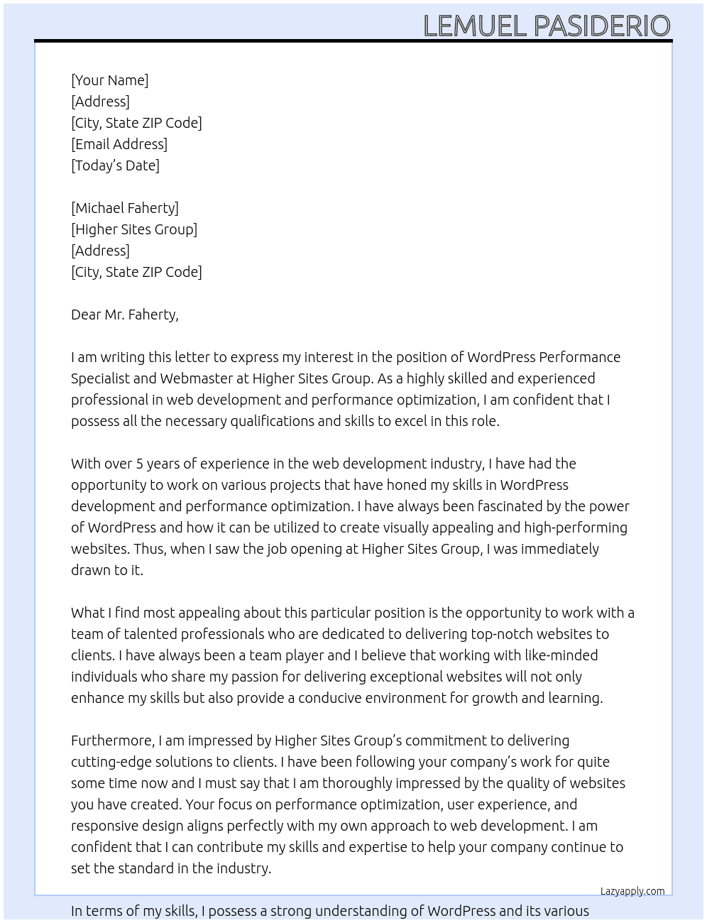 WordPress Performance Specialistand Webmaster At higher sites group Cover Letter