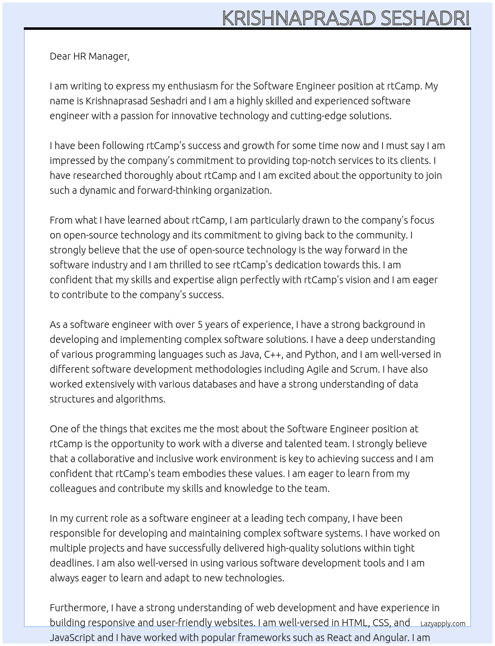 Software Engineer At rtCamp Cover Letter