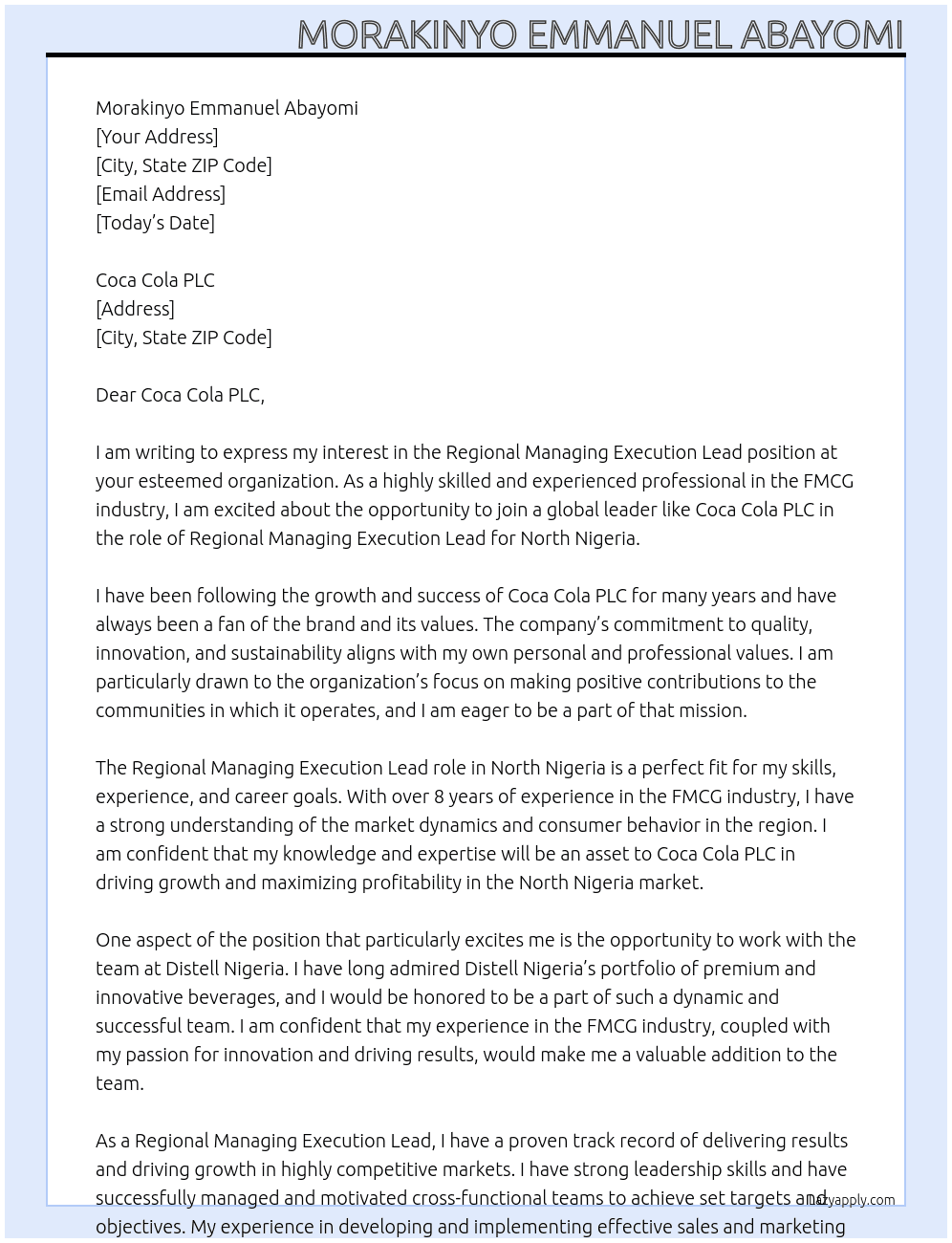 Regional Managing Execution Lead in North Nigeria At Distell Nigeria Cover Letter