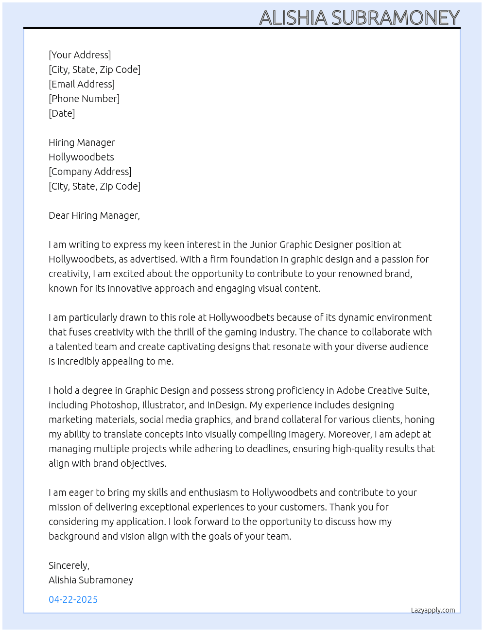 Junior Graphic Designer At Hollywoodbets Cover Letter
