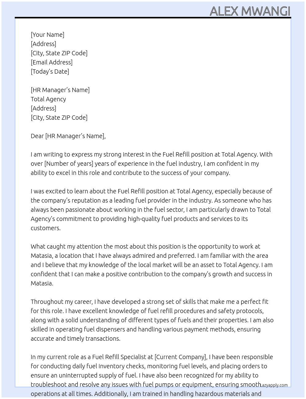 Fuel refill At Total agency  Cover Letter
