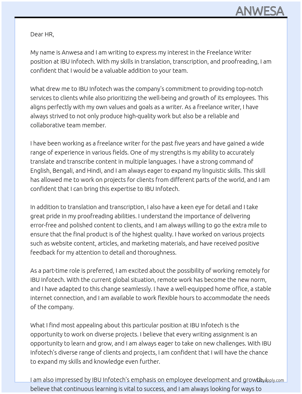 Freelance writer At IBU Infotech Cover Letter