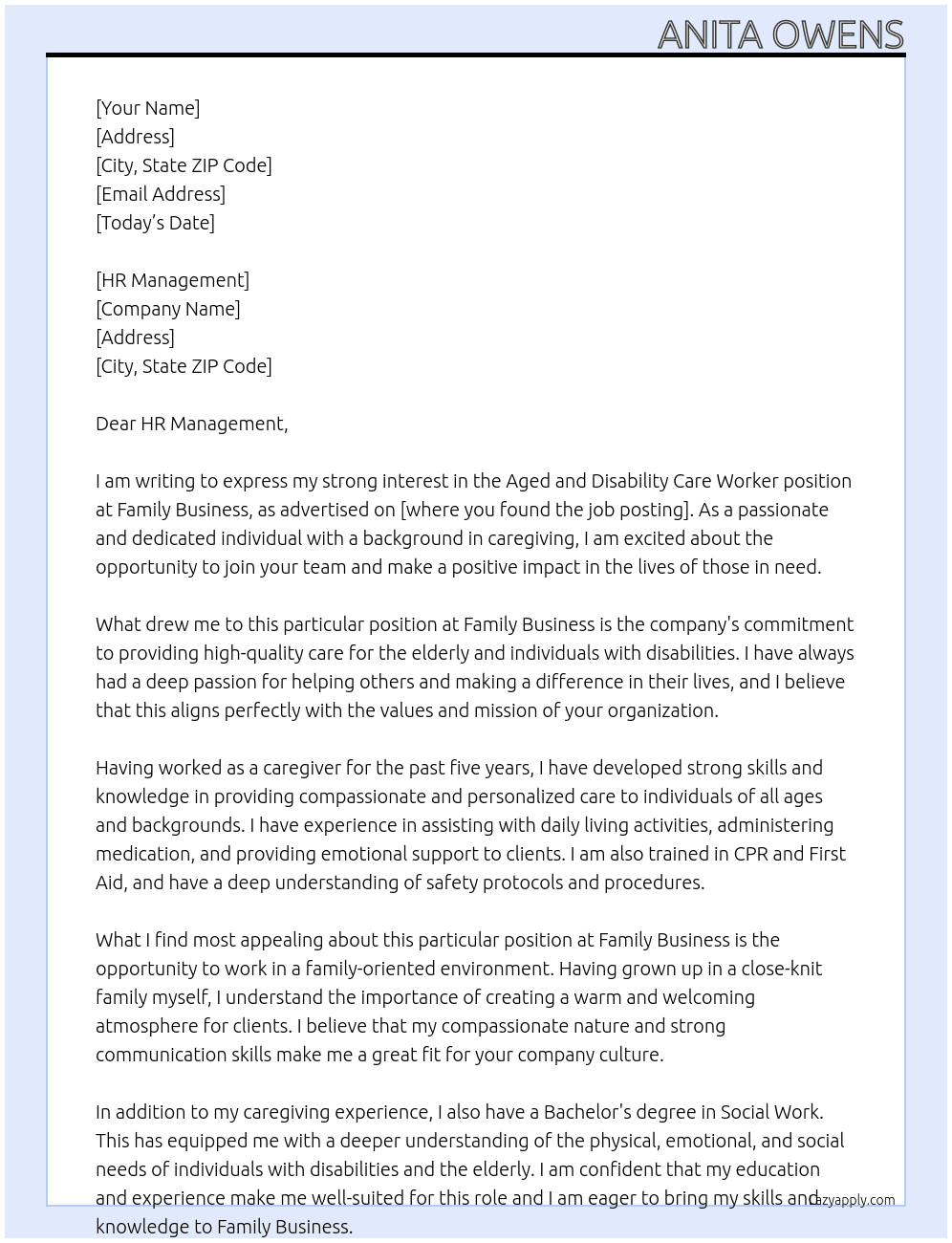 Aged a d Disability Care Worker  At Family Business Cover Letter