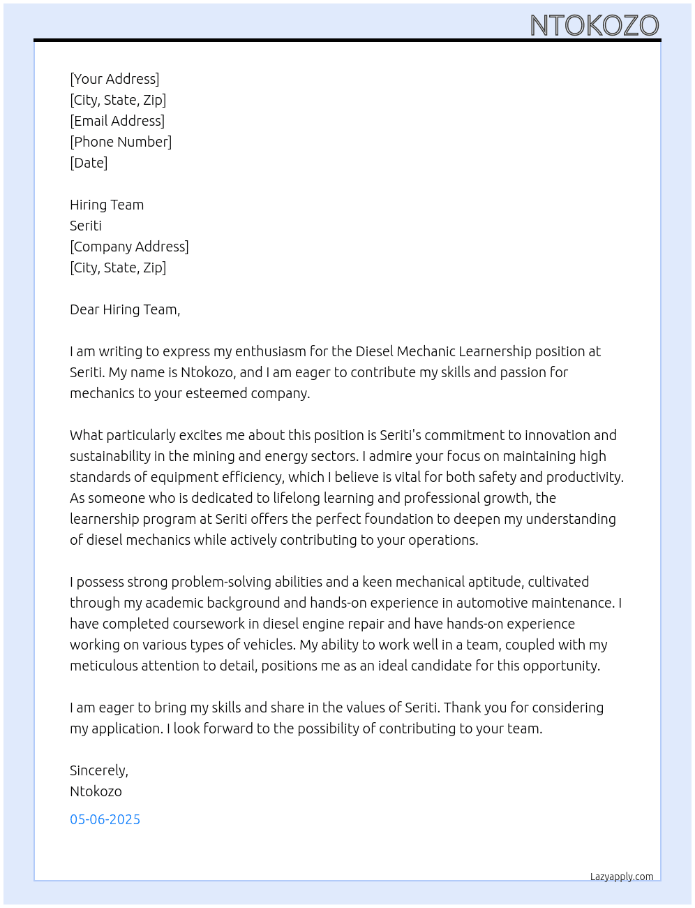 Diesel mechanic learnership At Seriti  Cover Letter