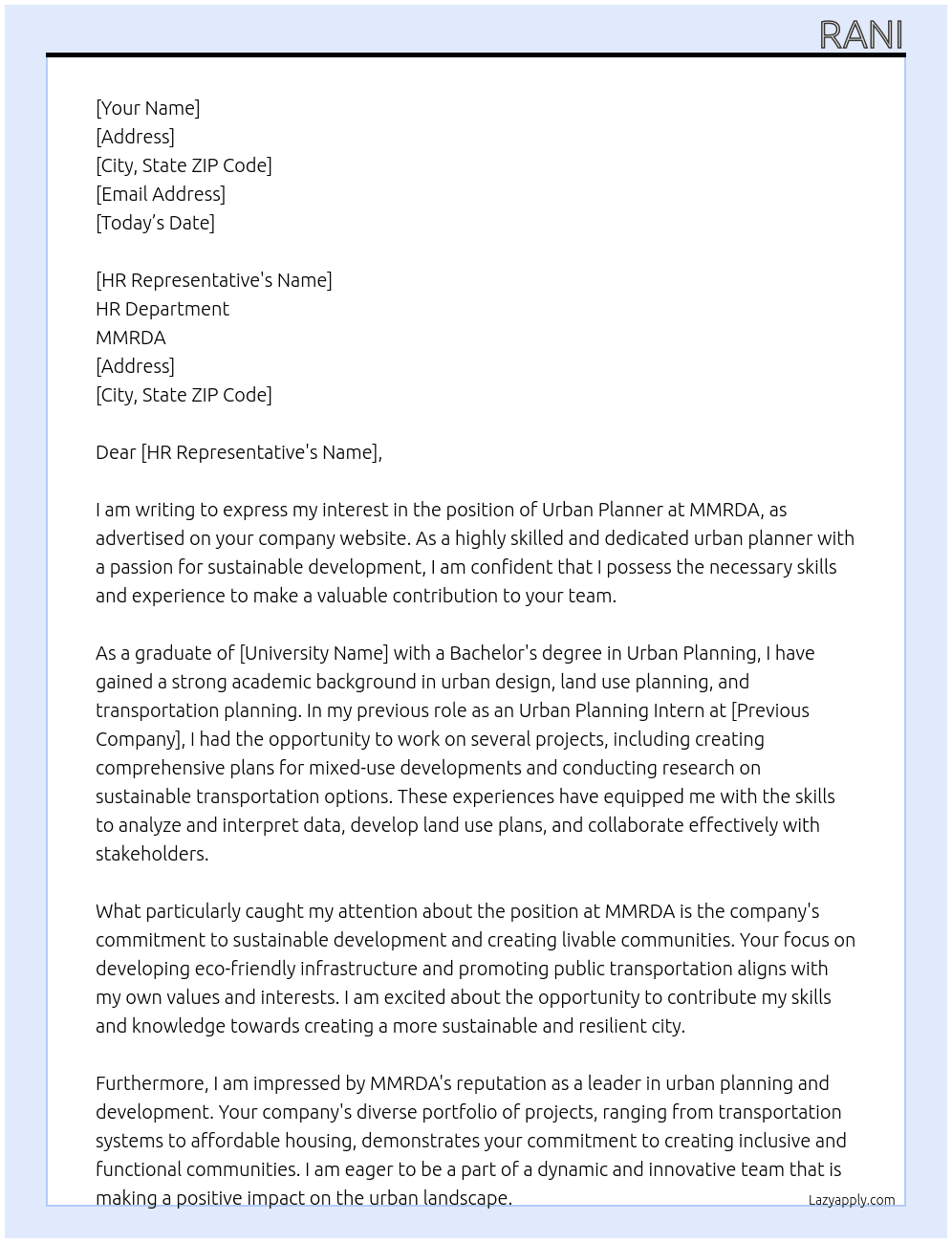 Urban Planner At MMRDA Cover Letter