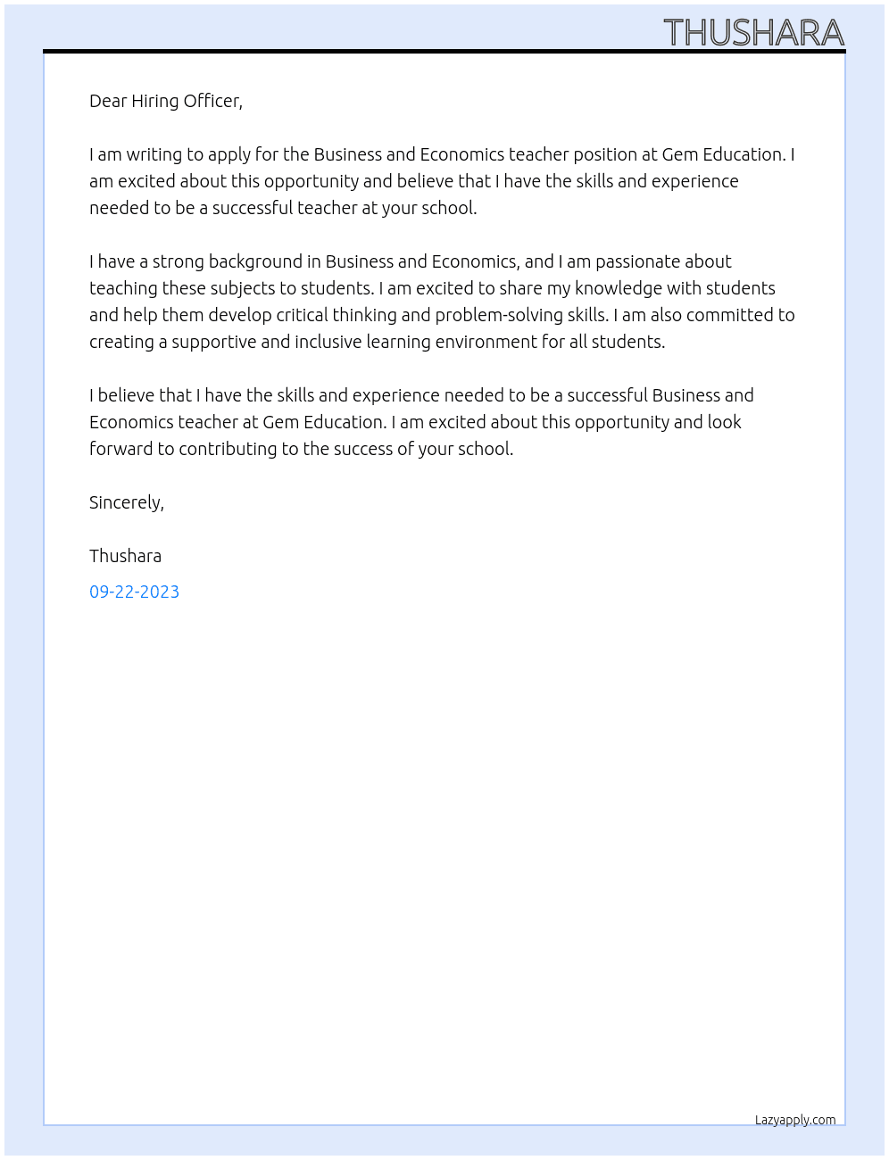 Business and Economics teacher At Gem Education Cover Letter