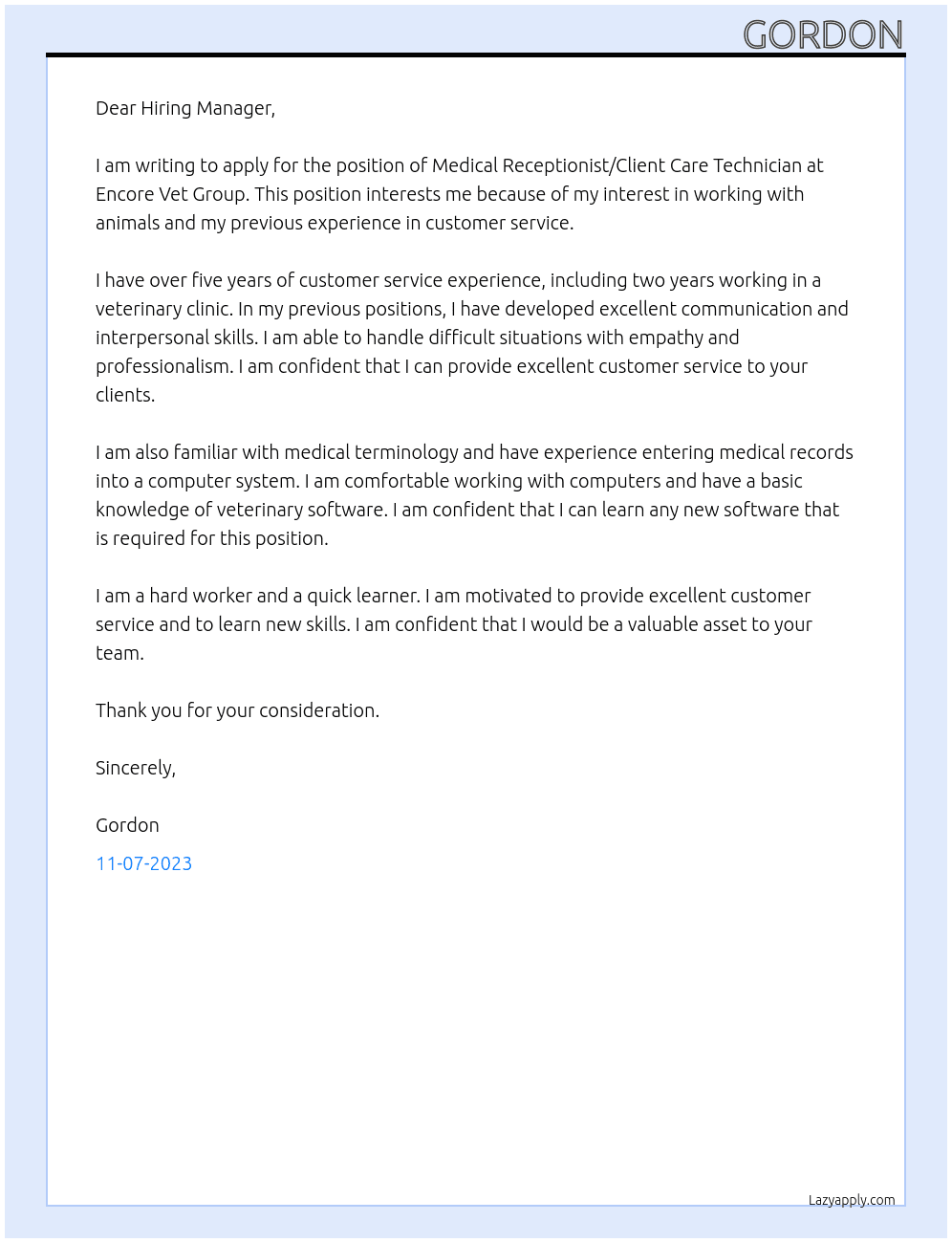 Medical Receptionist/Client Care Technician At encore vet group Cover Letter