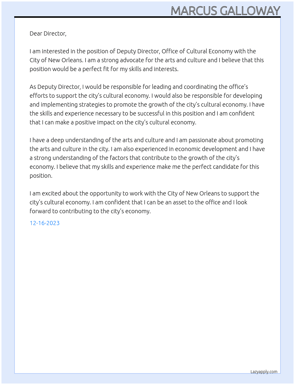 Deputy Director, Office of Cultural Economy  At City of New Orleans  Cover Letter