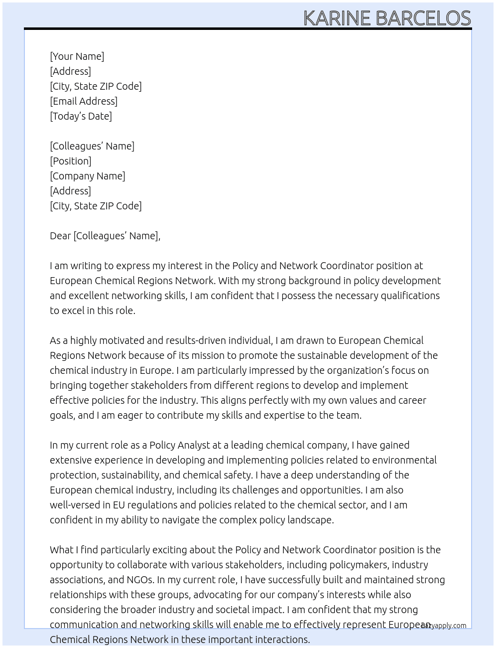 Policy and Network Coordinator At European Chemical Regions Network Cover Letter