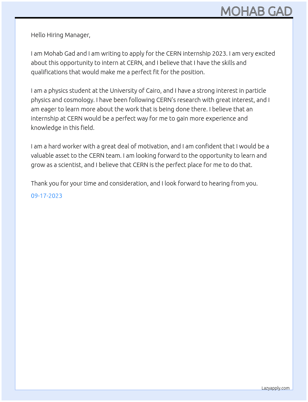 CERN internship 2023 At CERN internship 2023 Cover Letter