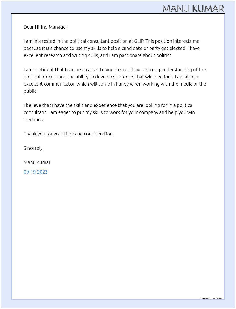 political consultant  At GLIP  Cover Letter