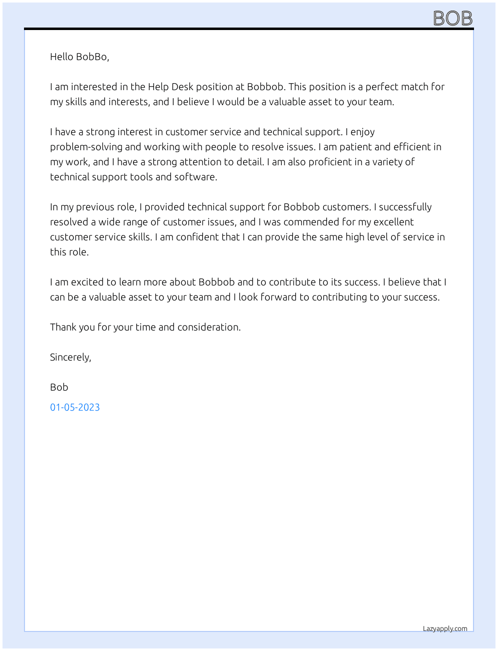 Help Desk At Bobbob Cover Letter