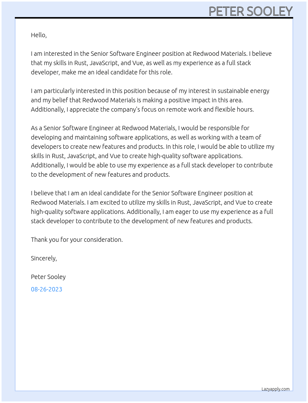 senior software engineer At Redwood Materials Cover Letter