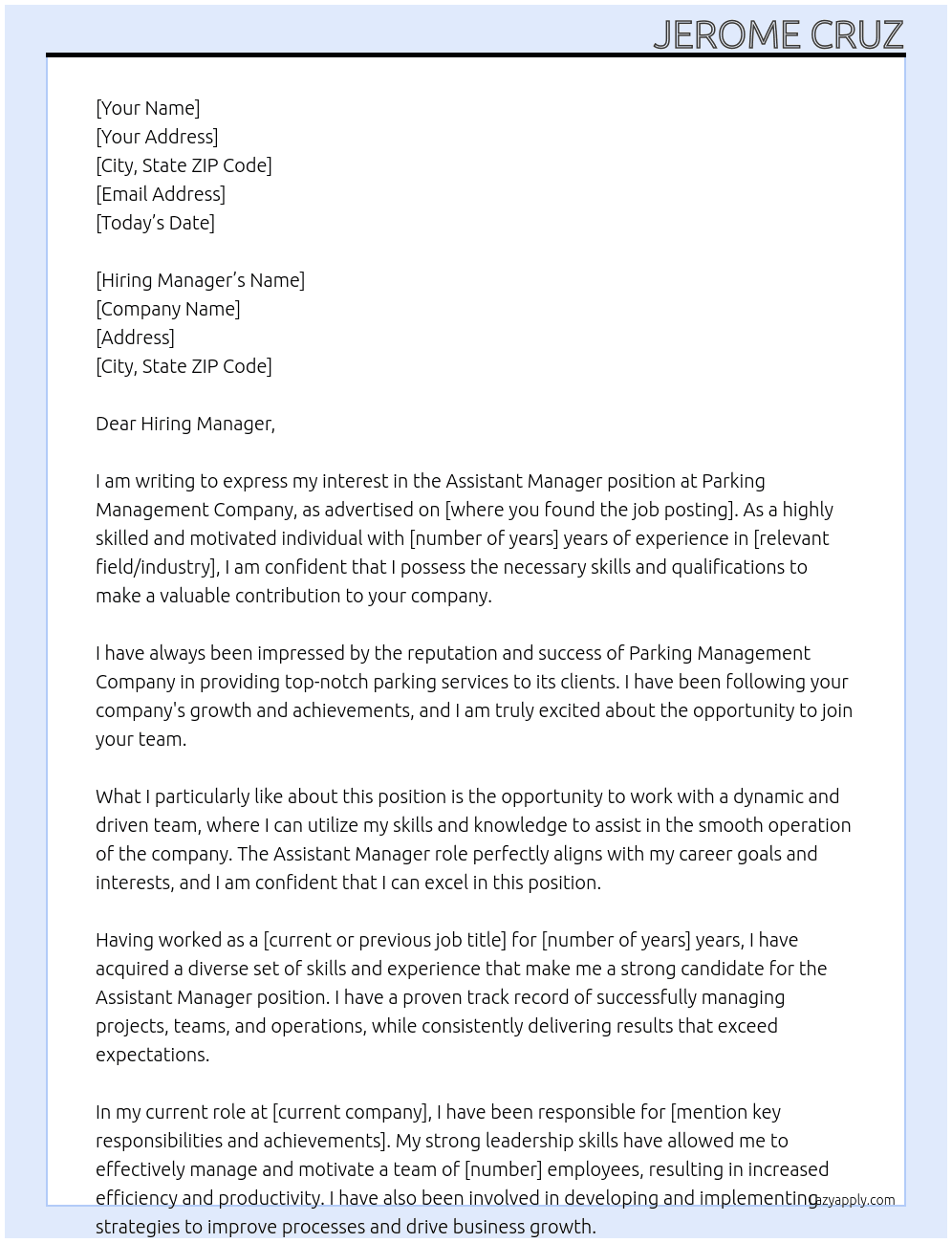 Assistant manager At Parking Management Company Cover Letter