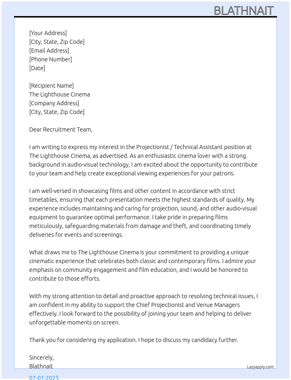  Projectionist / Technical Assistant At the lighthouse cinema  Cover Letter