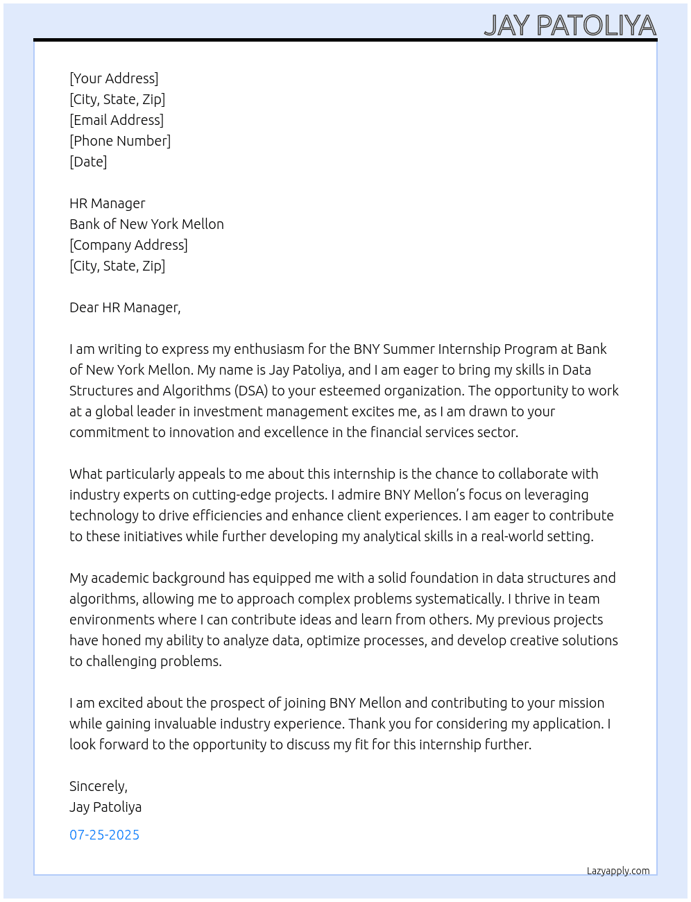 BNY Summer Internship Program At Bank of New York Mellon Cover Letter