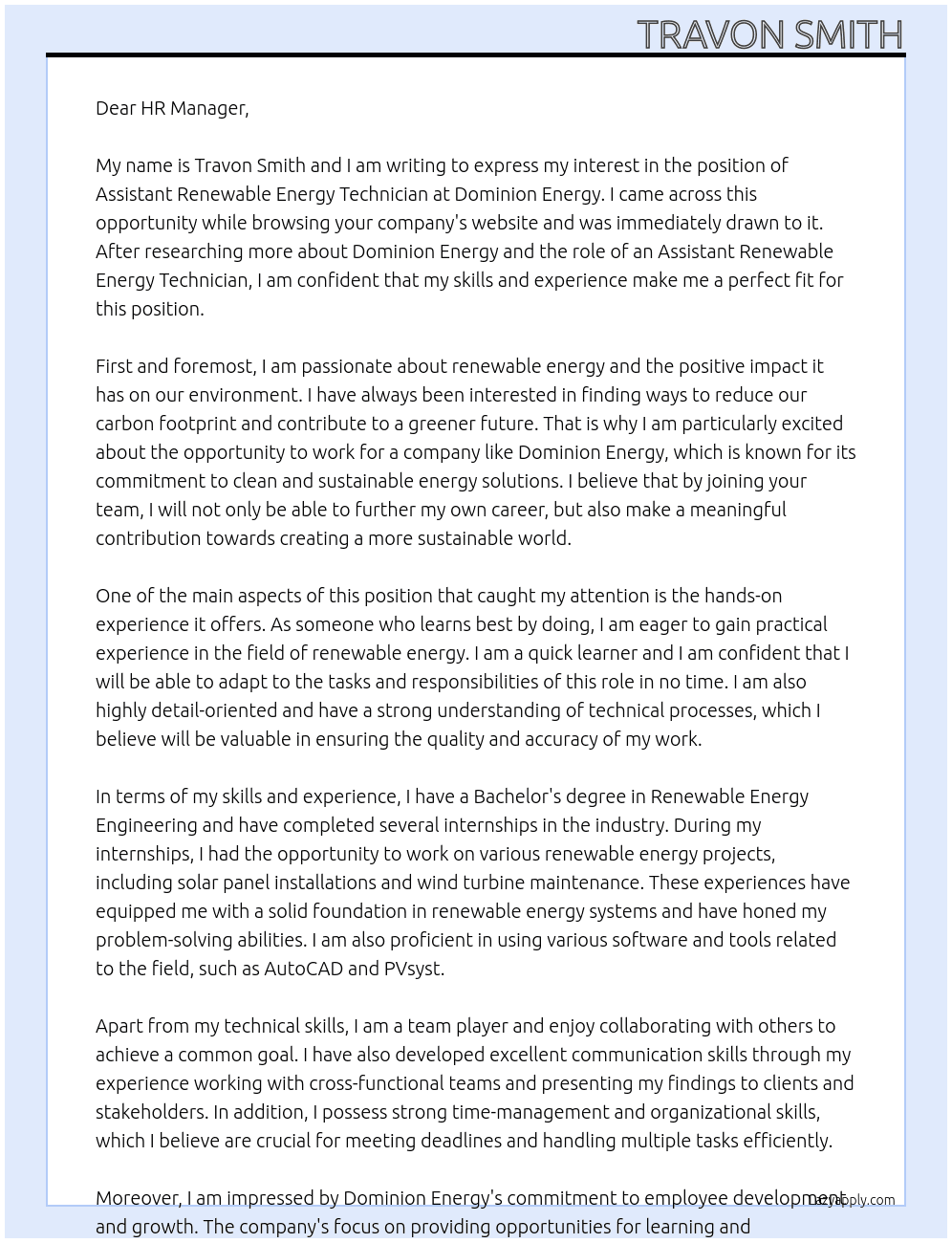 Assistant Renewable Energy Techinician At Dominion Energy  Cover Letter