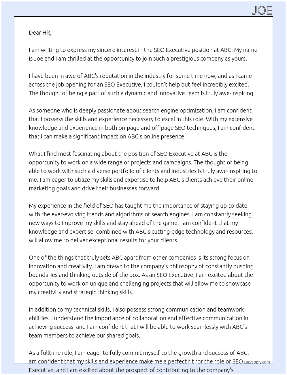 seo executive At abc Cover Letter