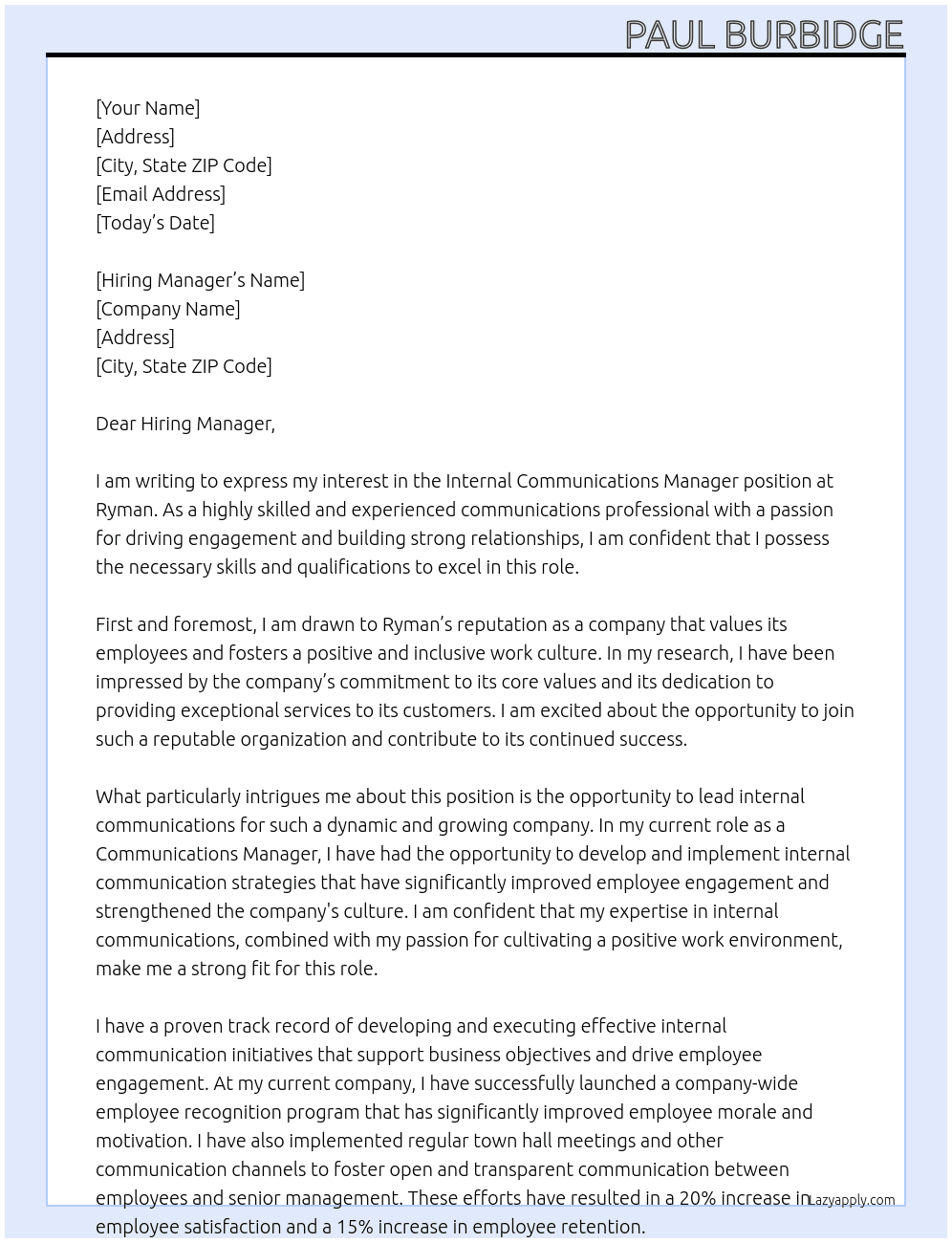 Internal communications manager At Ryman Cover Letter
