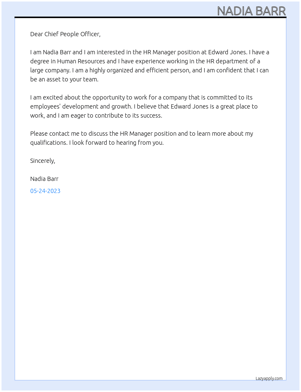 HR Manager At Edward Jones Cover Letter