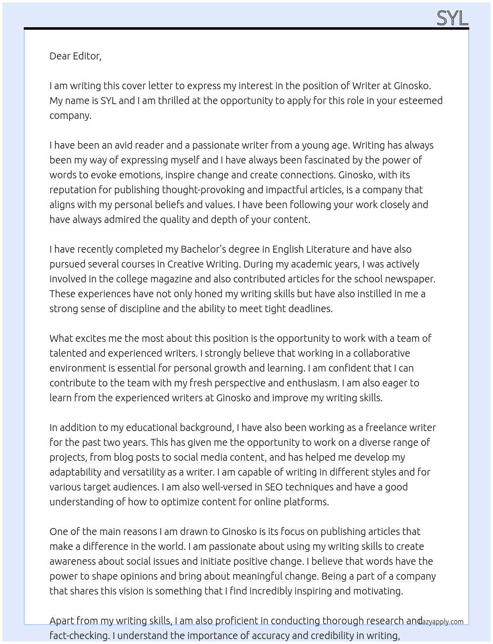 Writer At Ginosko Cover Letter