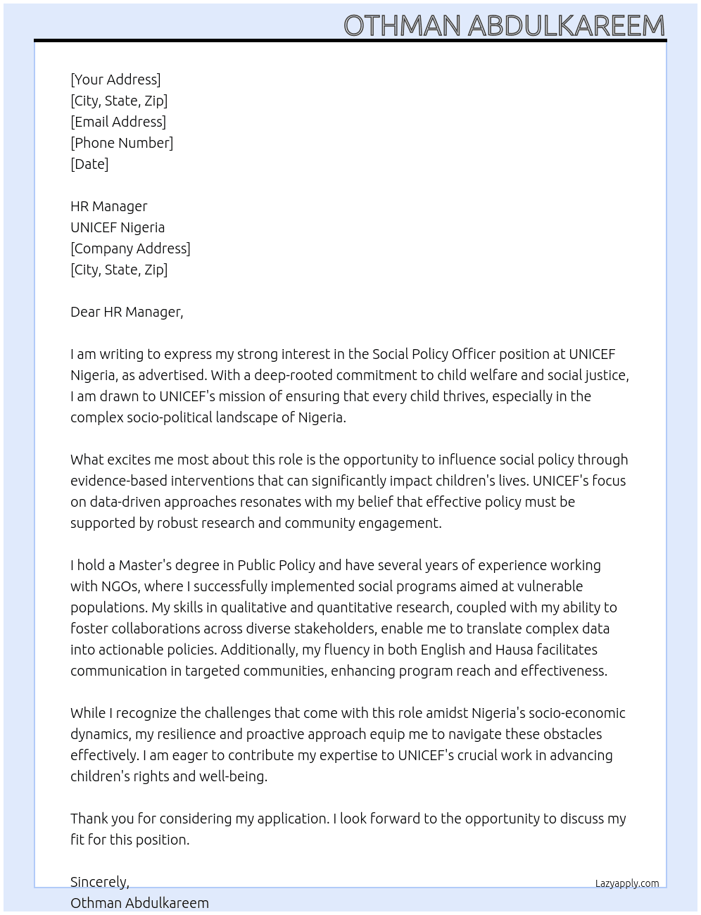 Social Policy Officer At UNICEF Nigeria Cover Letter