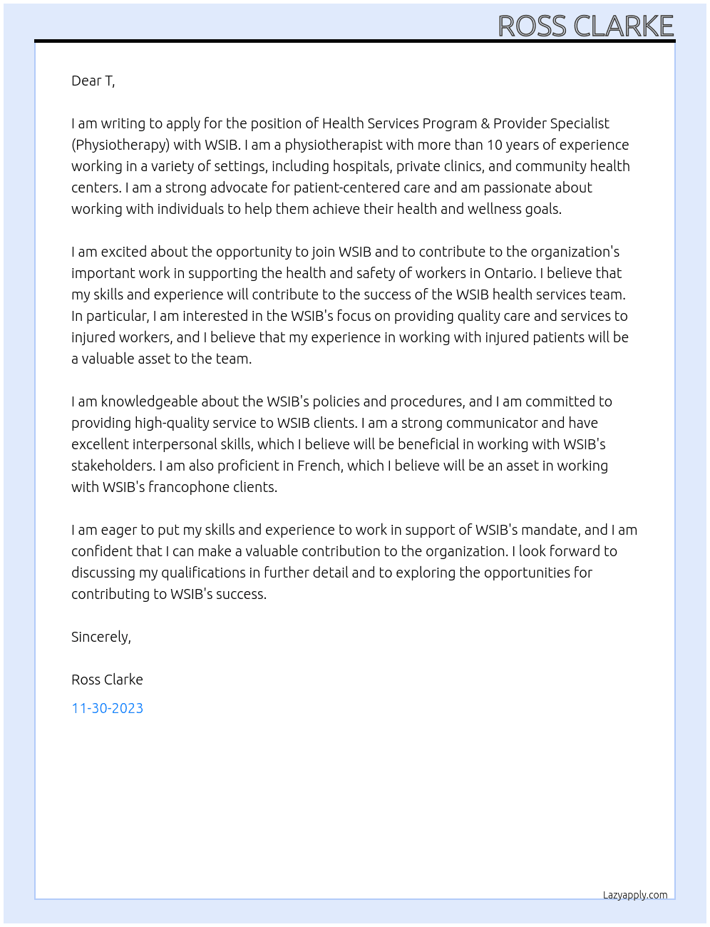 Health Services Program & Provider Specialist (Physiotherapy) At WSIB Cover Letter
