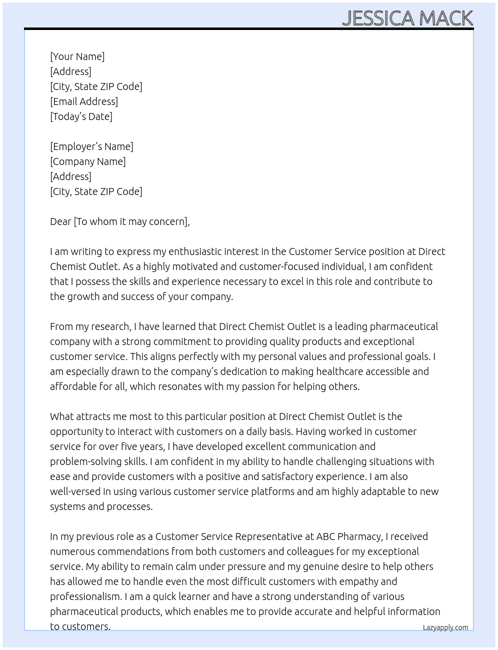 Customer Service At Direct Chemist Outlet Cover Letter