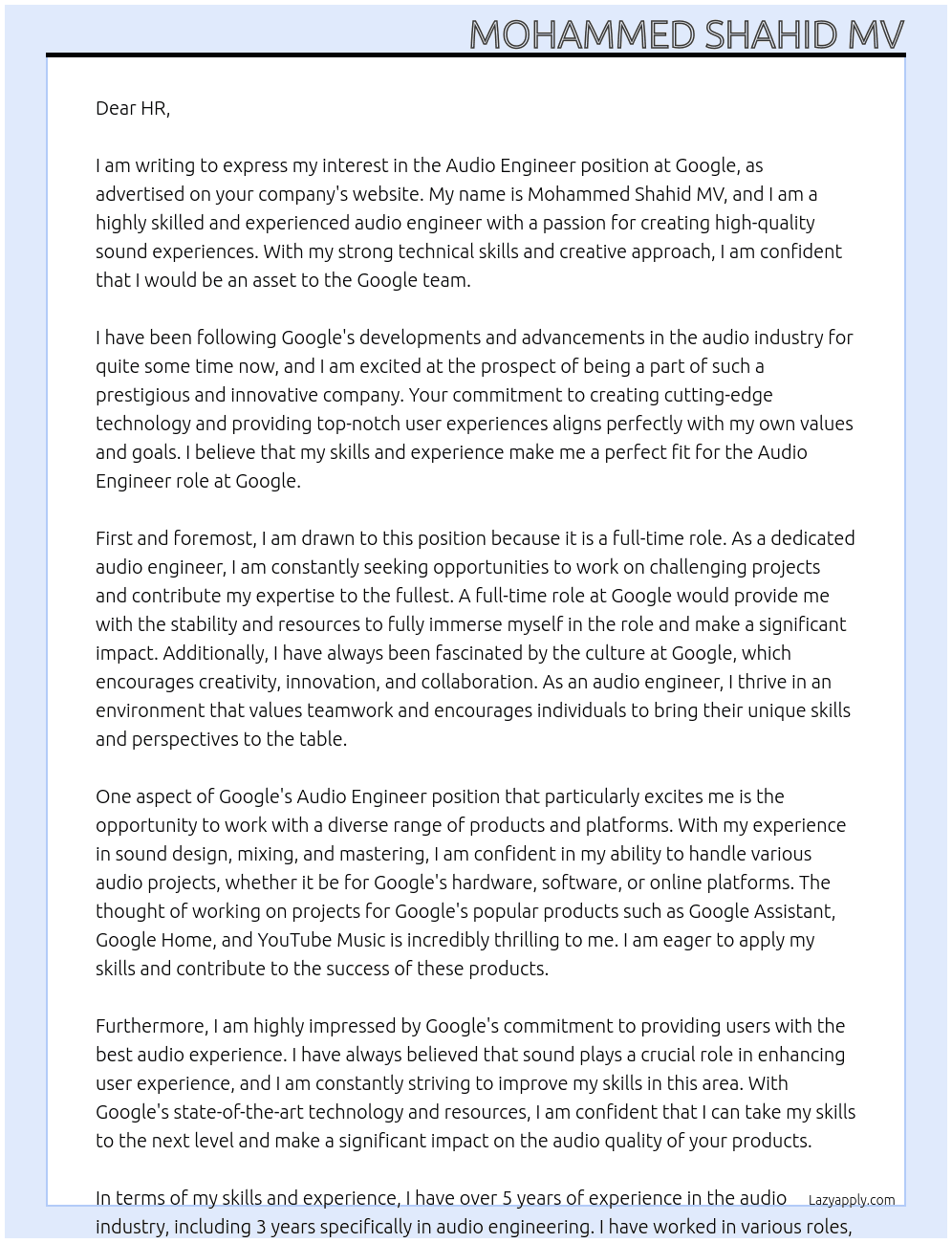 Audio Engineer  At Google  Cover Letter