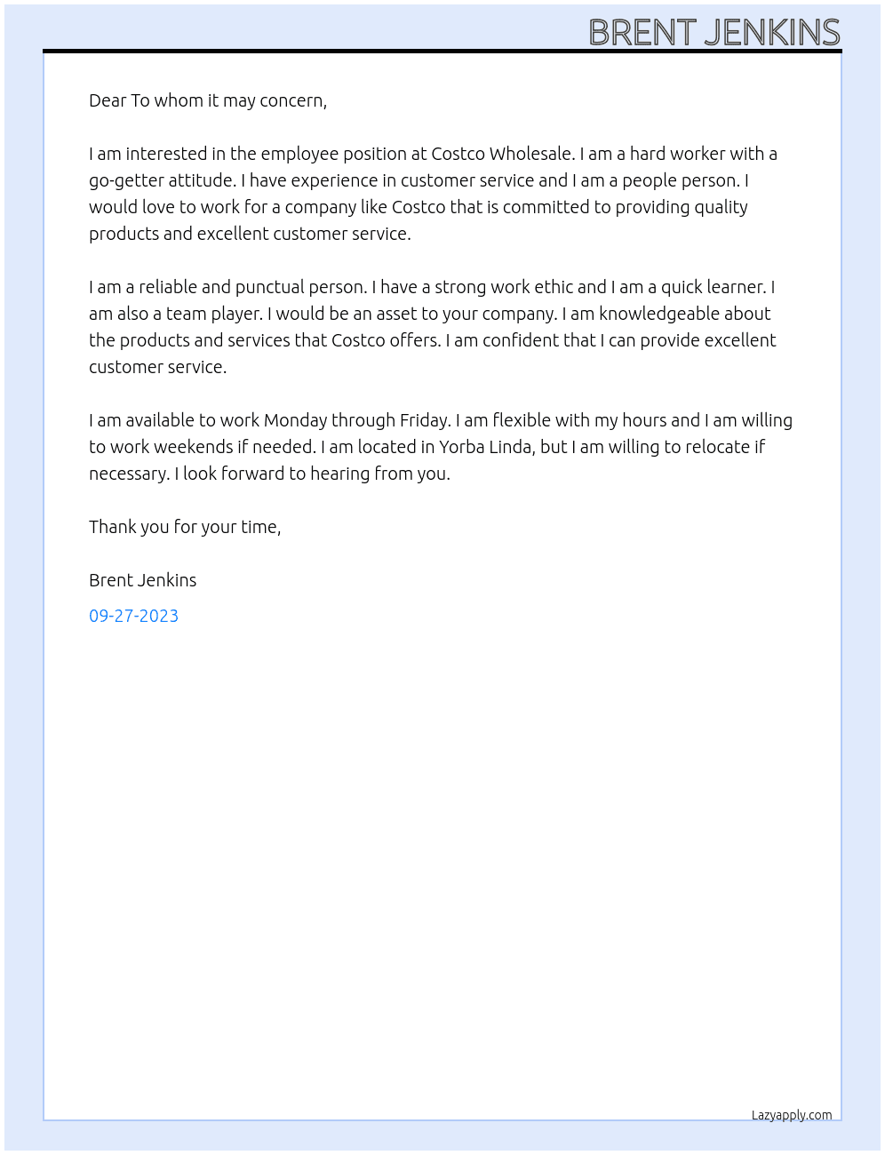Employee At Costco Wholesale Cover Letter