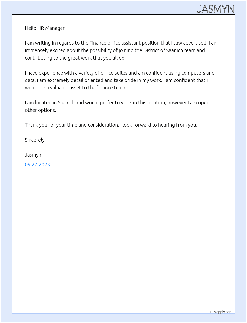 Finance office assistant At District of Saanich Cover Letter