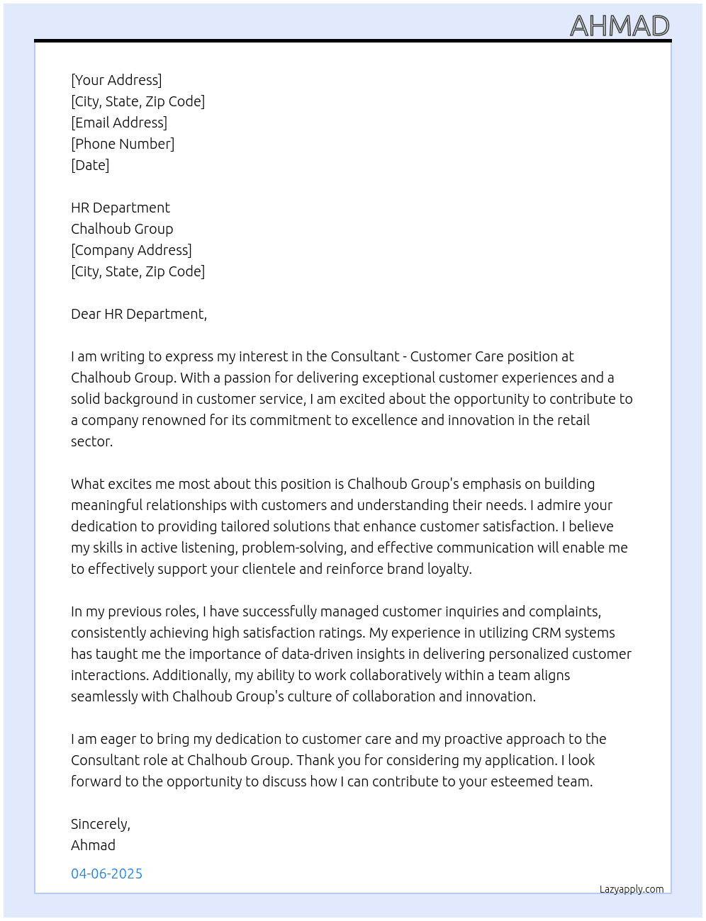 Consultant - Customer Care At  Chalhoub Group logo Chalhoub Group Cover Letter