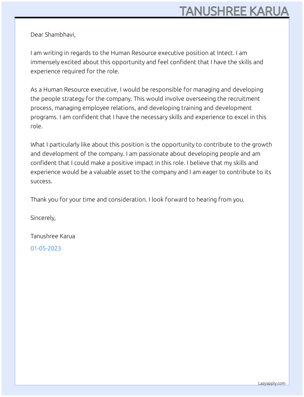 Human Resource executive  At Intect  Cover Letter