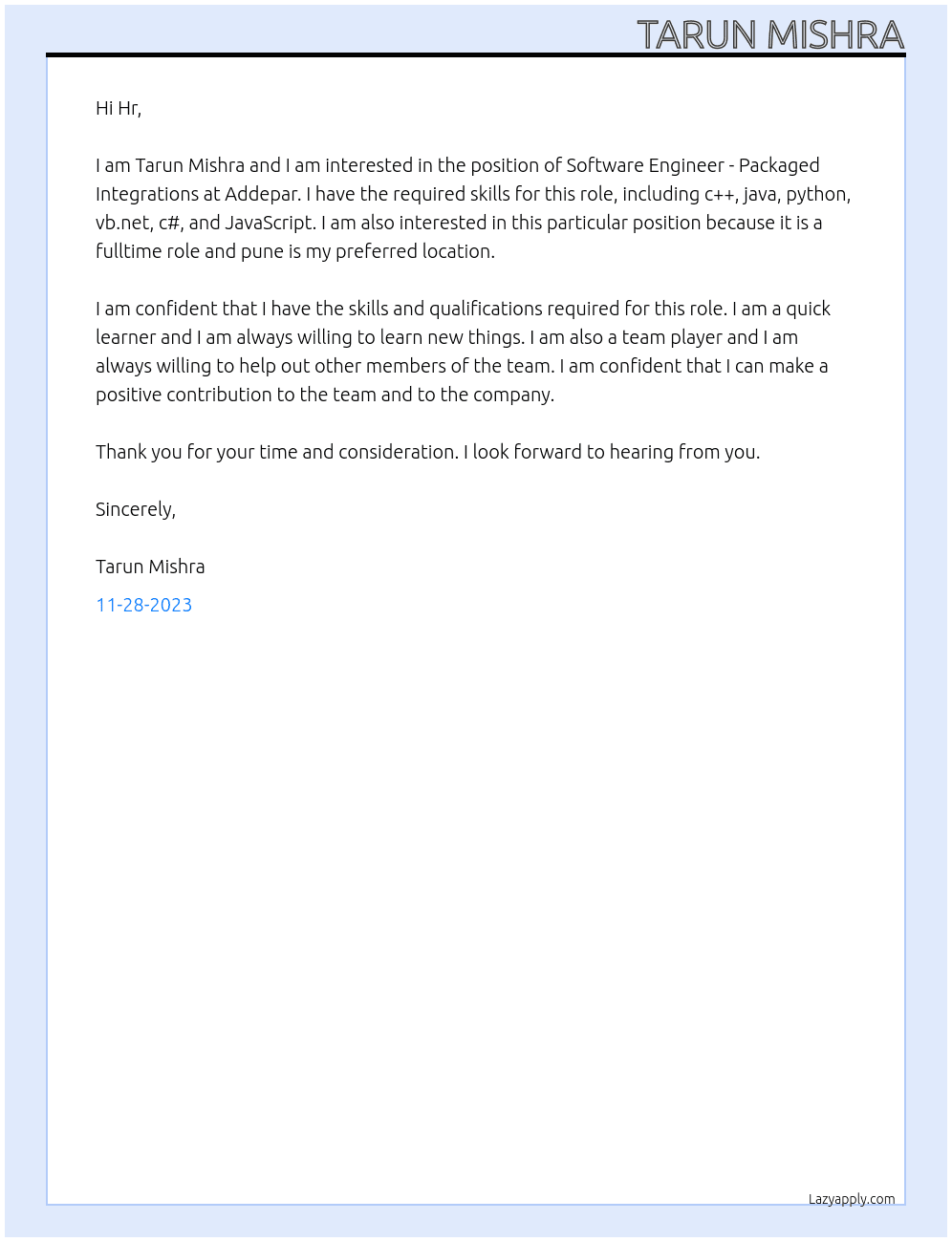 Software Engineer - Packaged Integrations  At Addepar Cover Letter