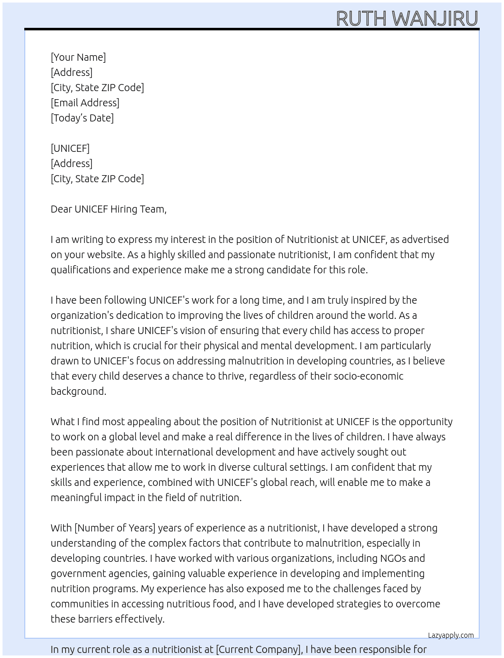 nutritionist At UNICEF Cover Letter