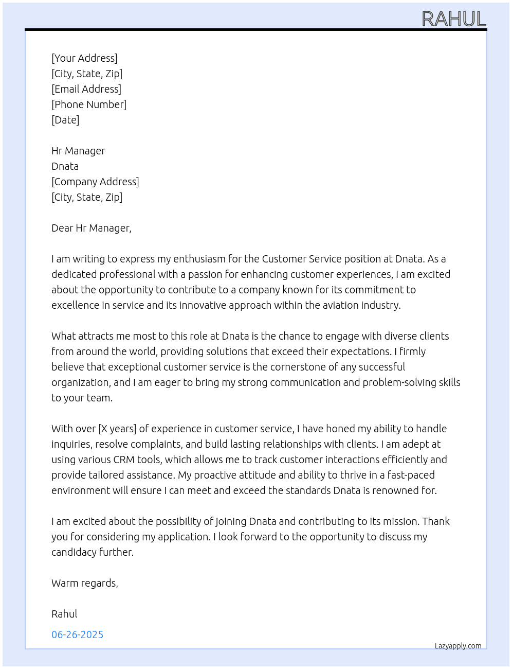 Customer Service  At Dnata Cover Letter