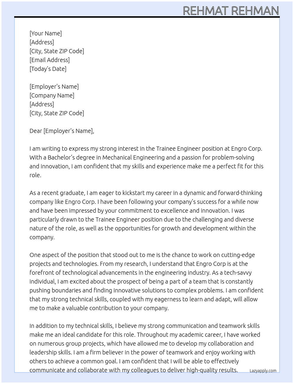 trainee engineer At engro corp Cover Letter