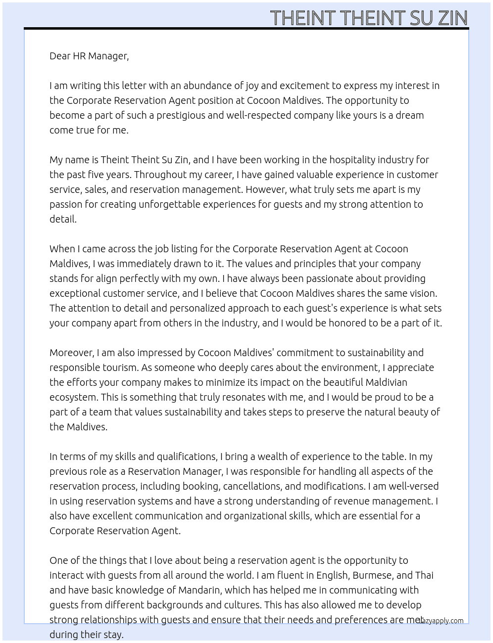 Corporate Reservation Agent At Cocoon Maldives Cover Letter