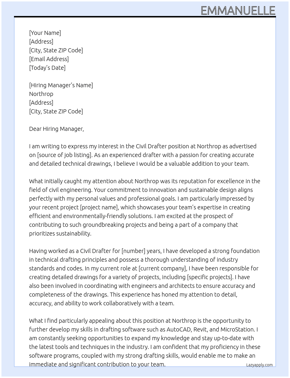 civil drafter At northrop Cover Letter